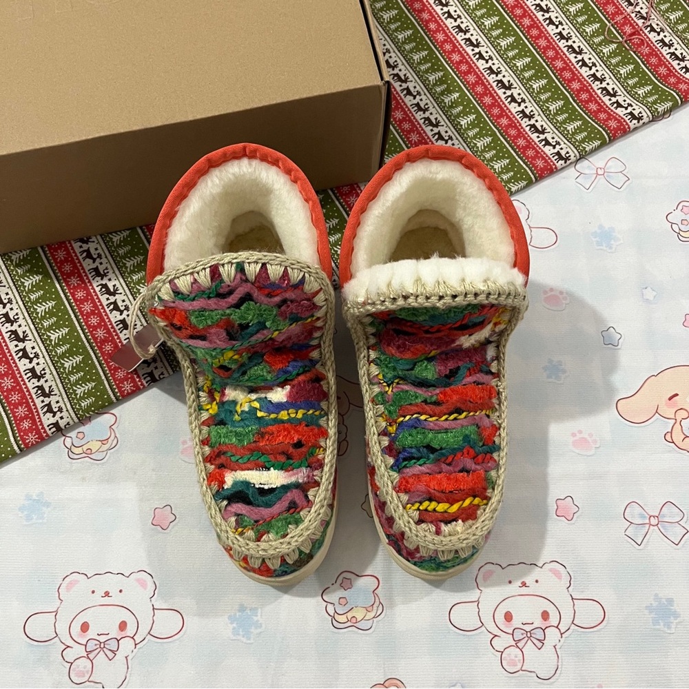 Mou Multicolor Knit Ankle Booties with Red Trim